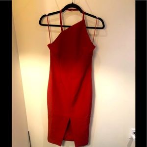 Asymmetrical red dress, great quality, by Keepsake and tags off but never worn.